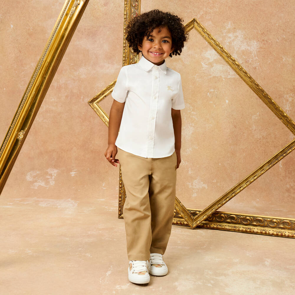 Burberry-Boys Beige Cotton Equestrian Knight Design Logo Trousers | Childrensalon