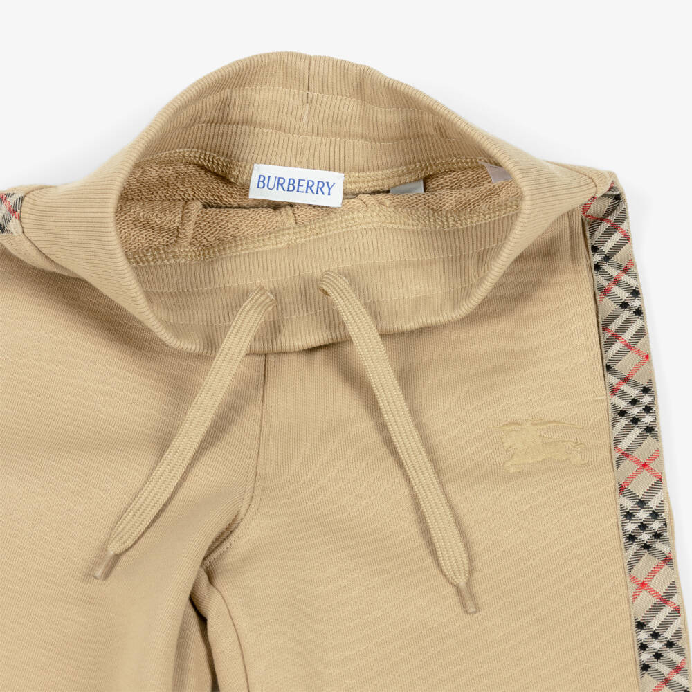 Burberry-Boys Beige Cotton Joggers with Check Trim & EKD Logo | Childrensalon