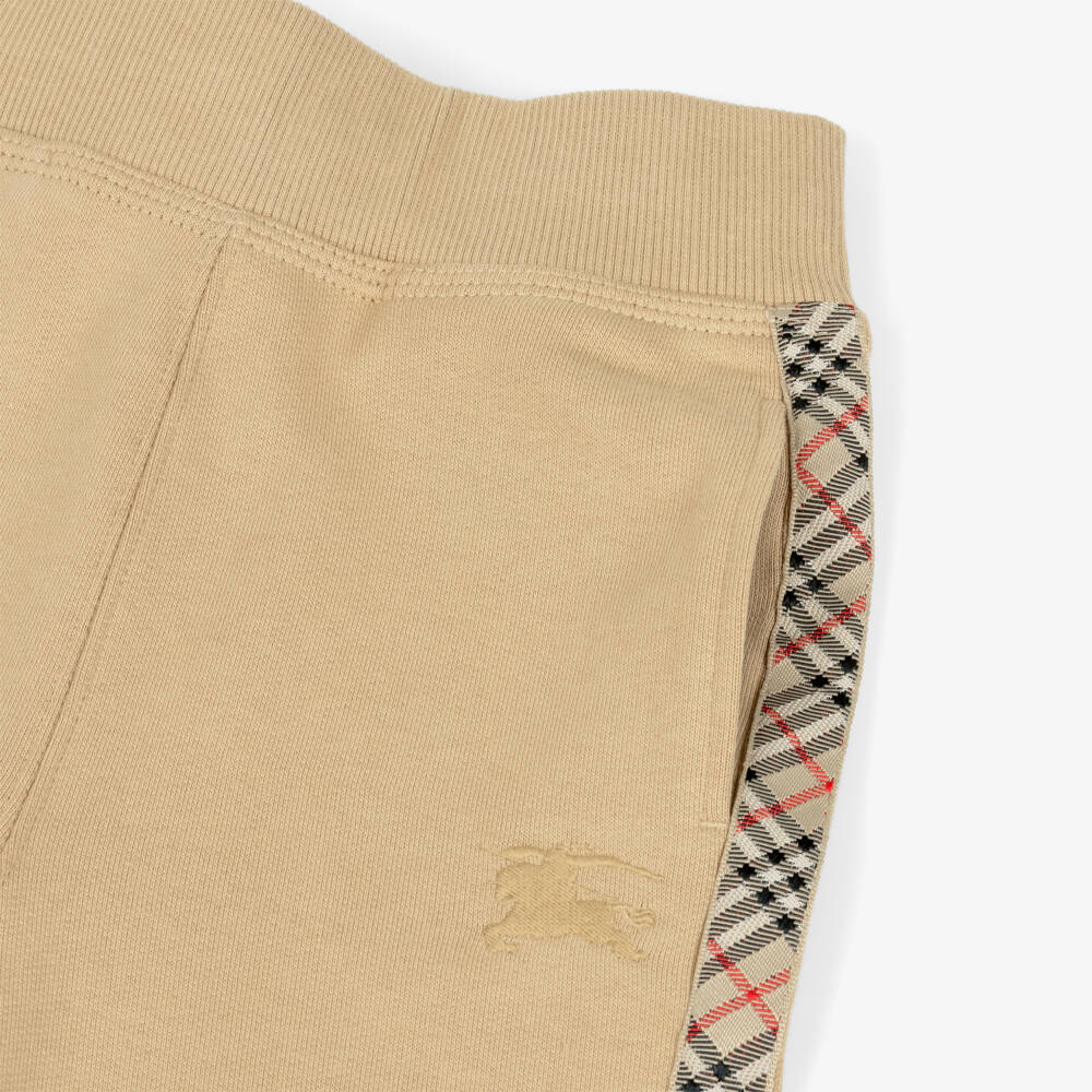 Burberry-Boys Beige Cotton Joggers with Check Trim & EKD Logo | Childrensalon