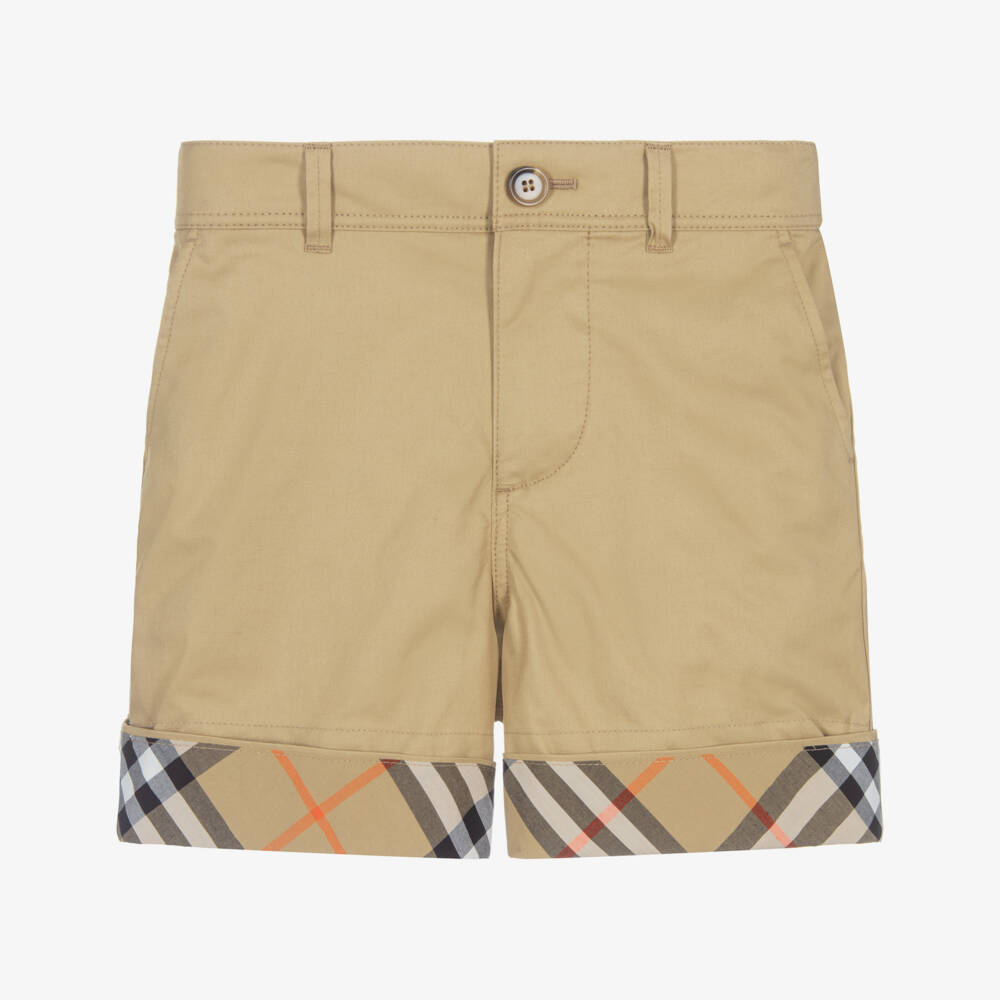 Burberry-Шорты бежевые хлопковые с отворотами в клетку для мальчиков | Childrensalon