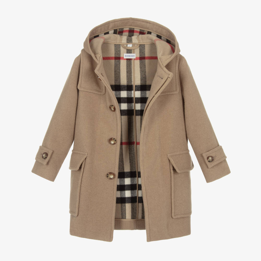 Burberry-Boys Beige Hooded Wool Coat | Childrensalon