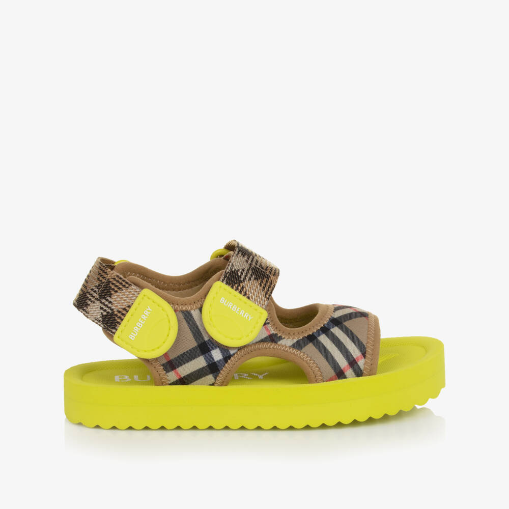 Burberry-Boys Beige & Lime Green Burberry Check Velcro Sandals | Childrensalon