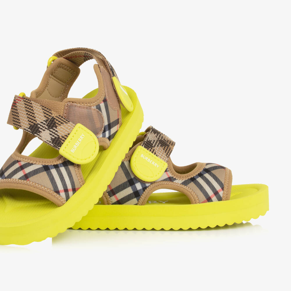 Burberry-Boys Beige & Lime Green Burberry Check Velcro Sandals | Childrensalon