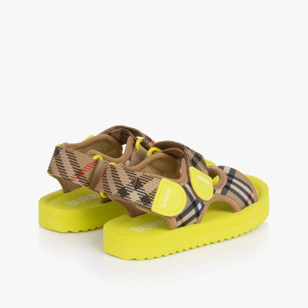 Burberry-Boys Beige & Lime Green Burberry Check Velcro Sandals | Childrensalon
