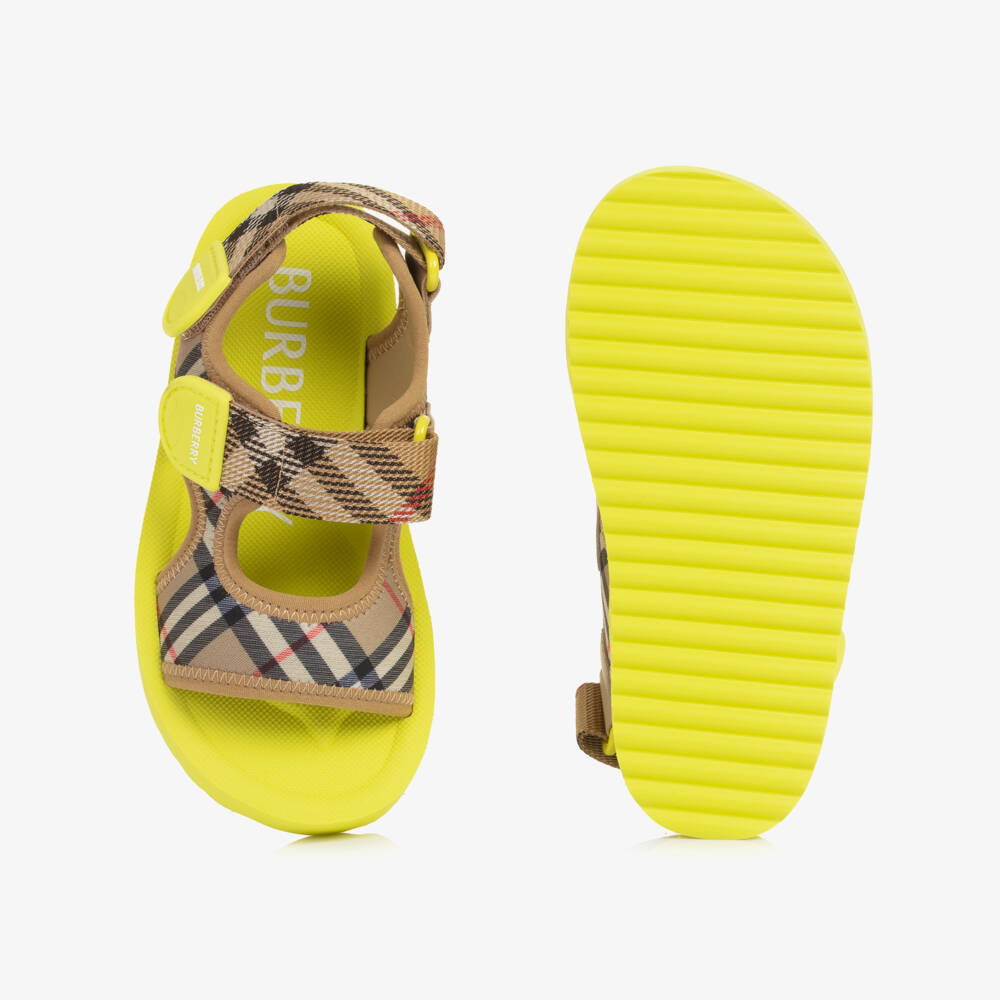Burberry-Boys Beige & Lime Green Burberry Check Velcro Sandals | Childrensalon
