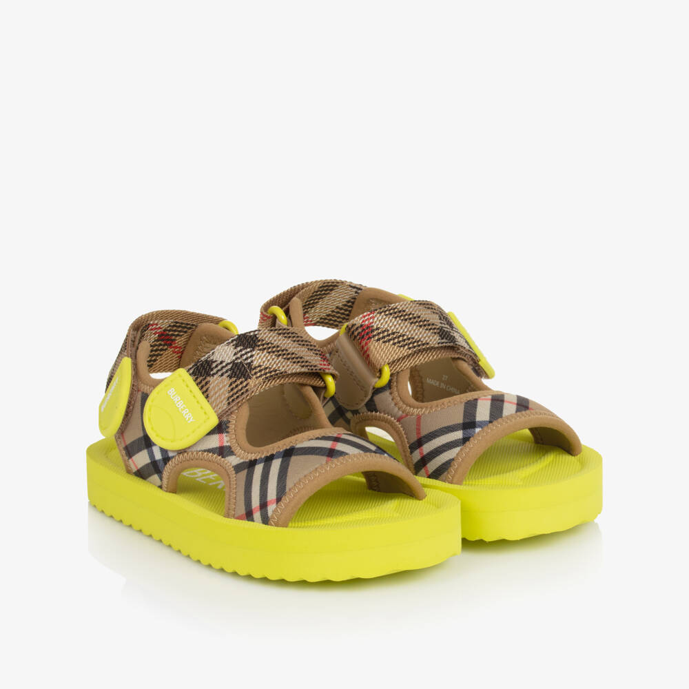 Burberry-Boys Beige & Lime Green Burberry Check Velcro Sandals | Childrensalon