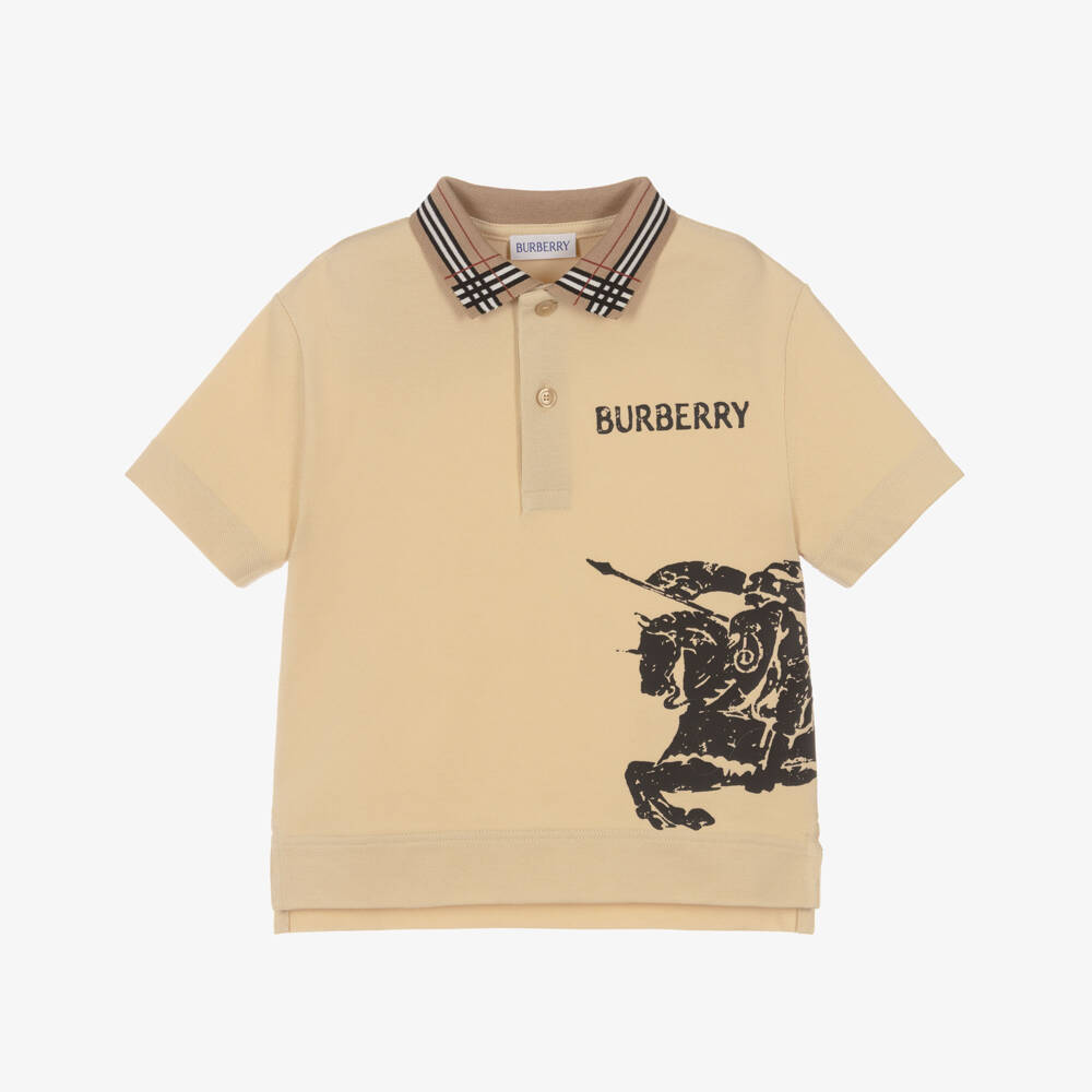 Burberry-Boys Beige Piqué Polo Shirt with Black EKD Logo | Childrensalon