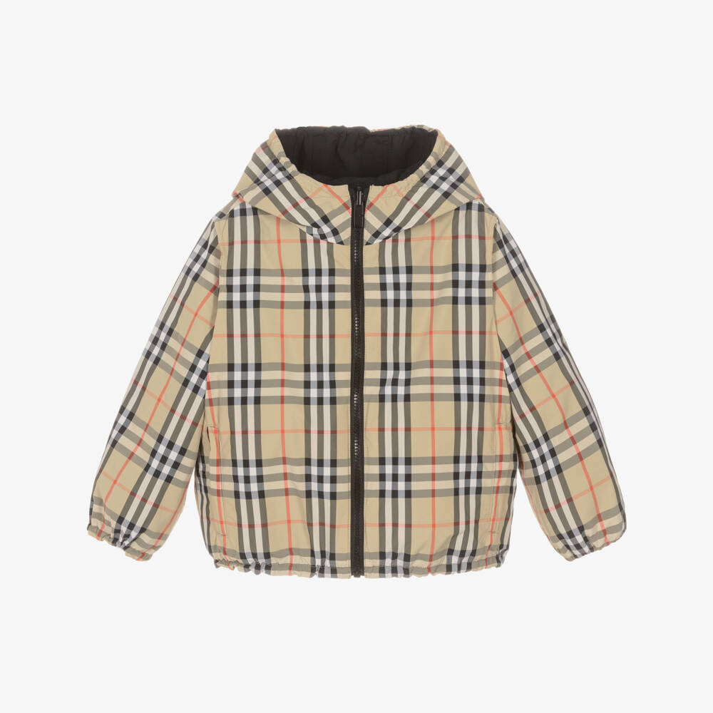 Burberry-Boys Black & Beige Check Reversible Jacket | Childrensalon