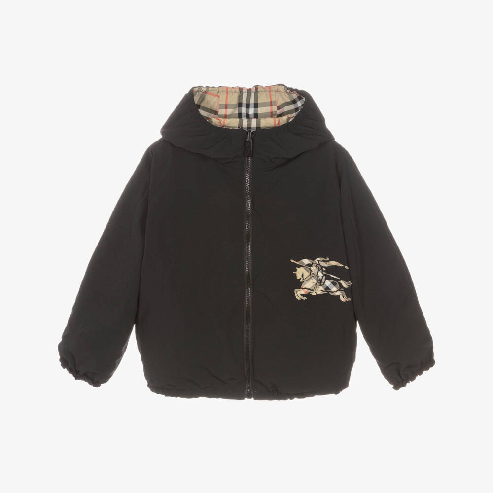 Burberry-Boys Black & Beige Check Reversible Jacket | Childrensalon