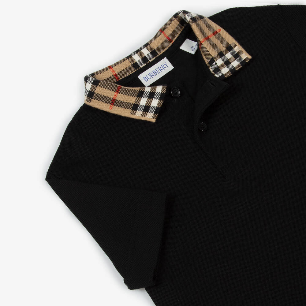 Burberry-Boys Black Cotton Check Polo Shirt | Childrensalon