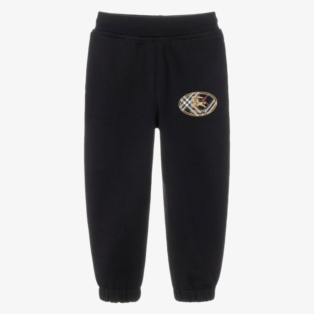 Burberry-Boys Black Cotton Joggers with Check Knight Stamp | Childrensalon