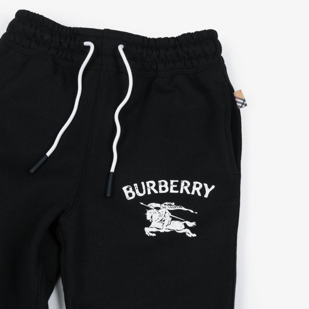 Burberry-Boys Black Cotton Joggers with White EKD Logo | Childrensalon