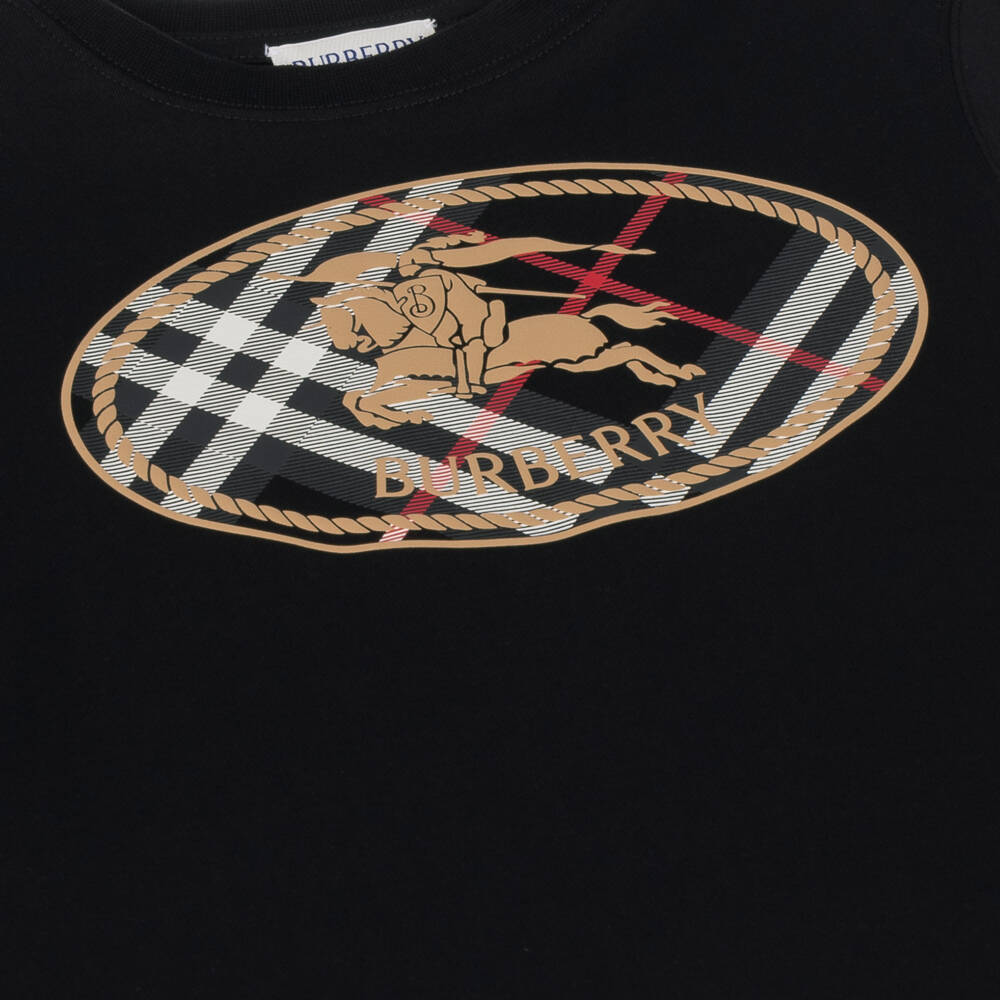 Burberry-Boys Black Cotton T-Shirt with Check Knight Stamp | Childrensalon