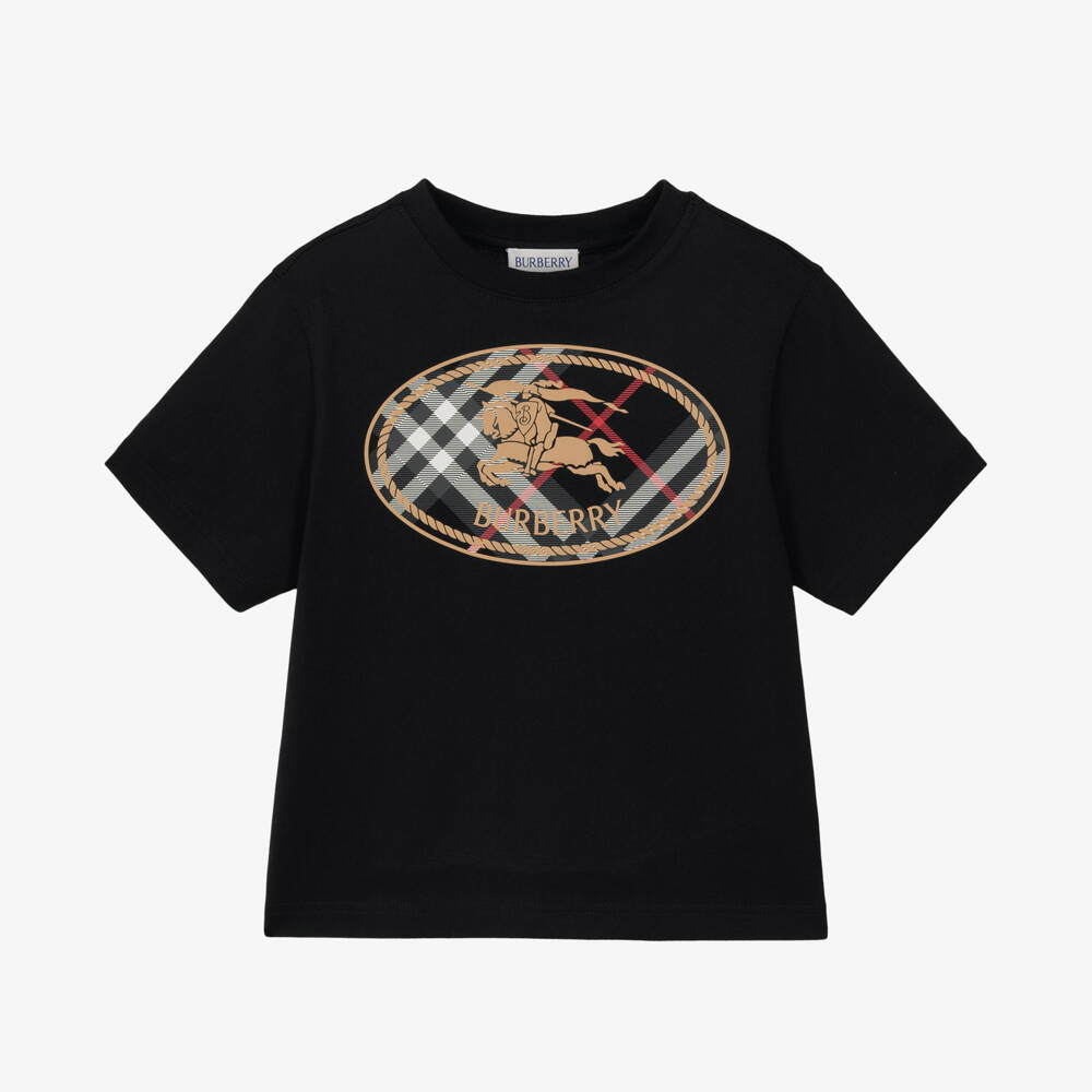 Burberry-Boys Black Cotton T-Shirt with Check Knight Stamp | Childrensalon