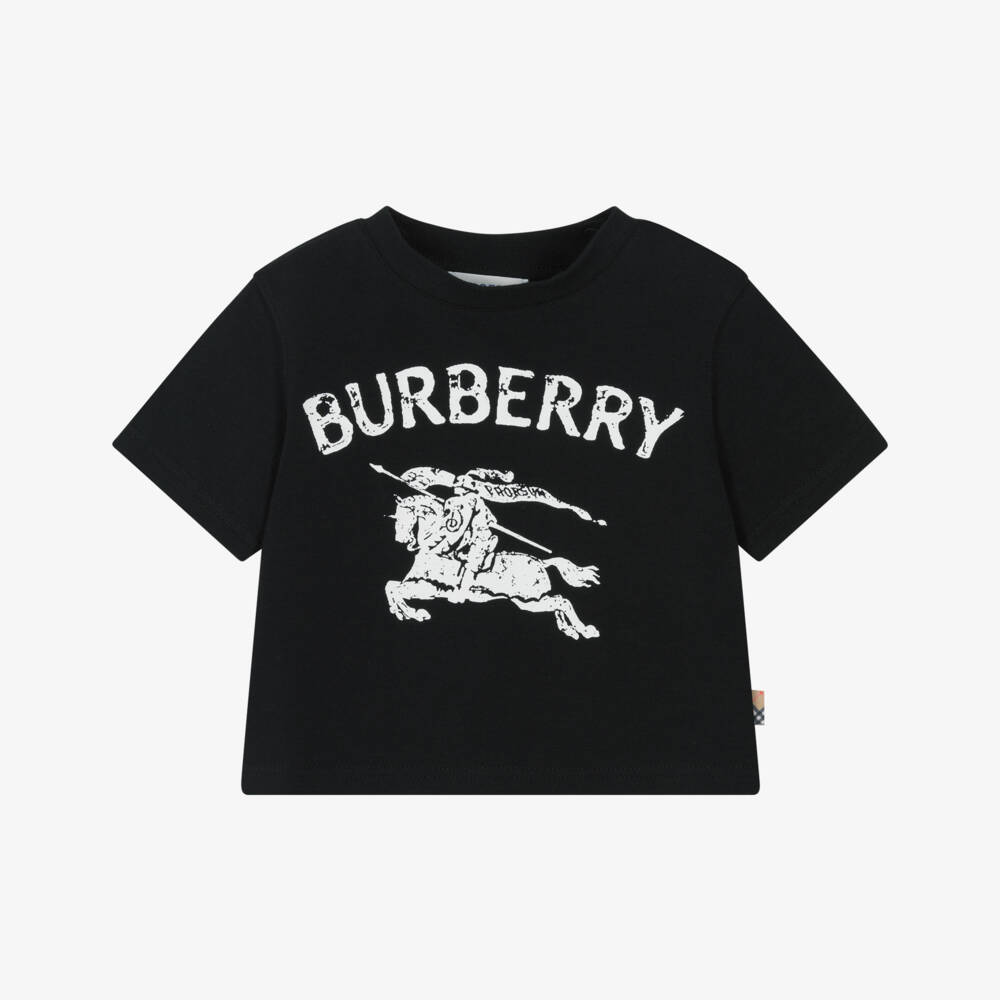 Burberry-Boys Black Cotton T-Shirt with Ink Stamp Style EKD Logo | Childrensalon