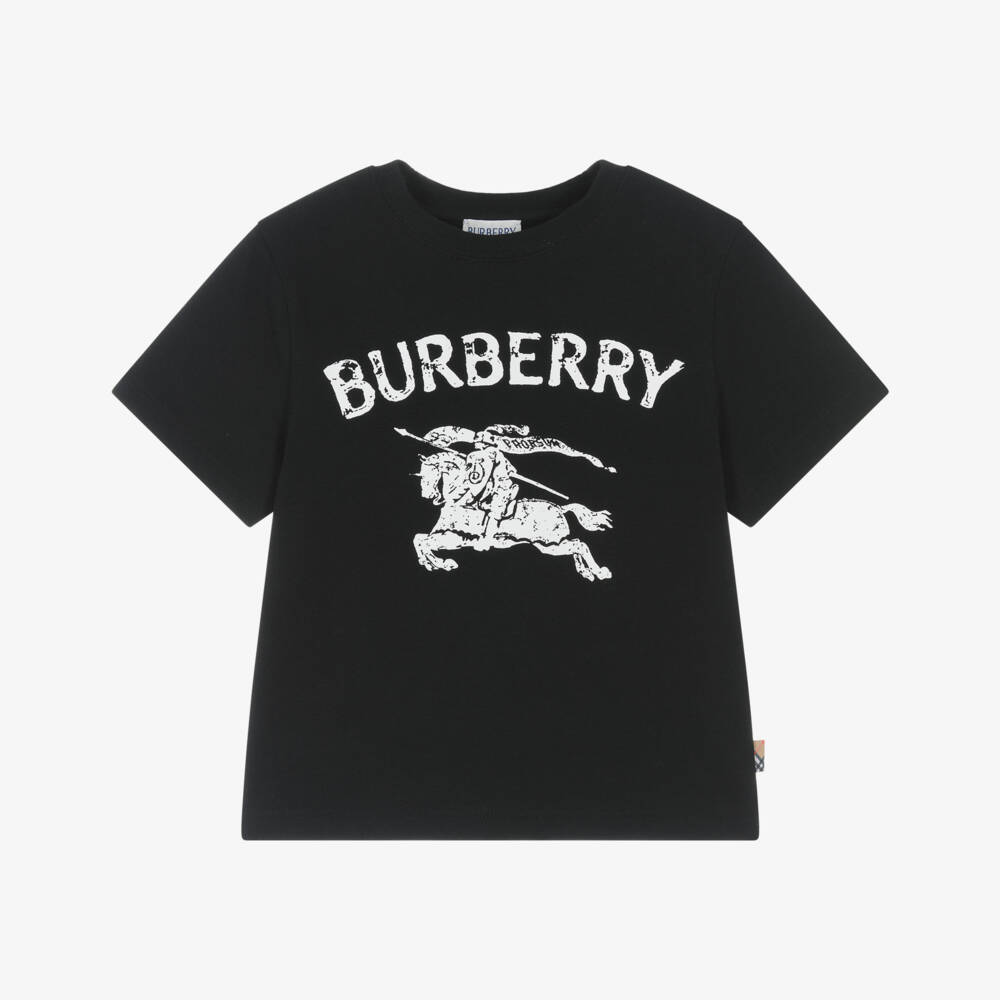 Burberry-Boys Black Cotton T-Shirt with Ink Stamp Style EKD Logo | Childrensalon
