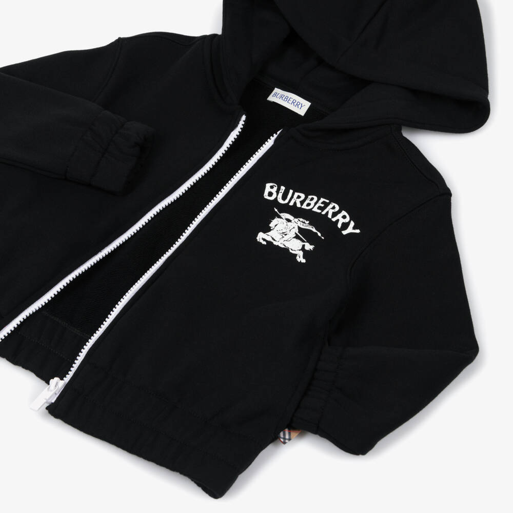 Burberry-Boys Black Cotton Zip-Up Top with White EKD Logo | Childrensalon