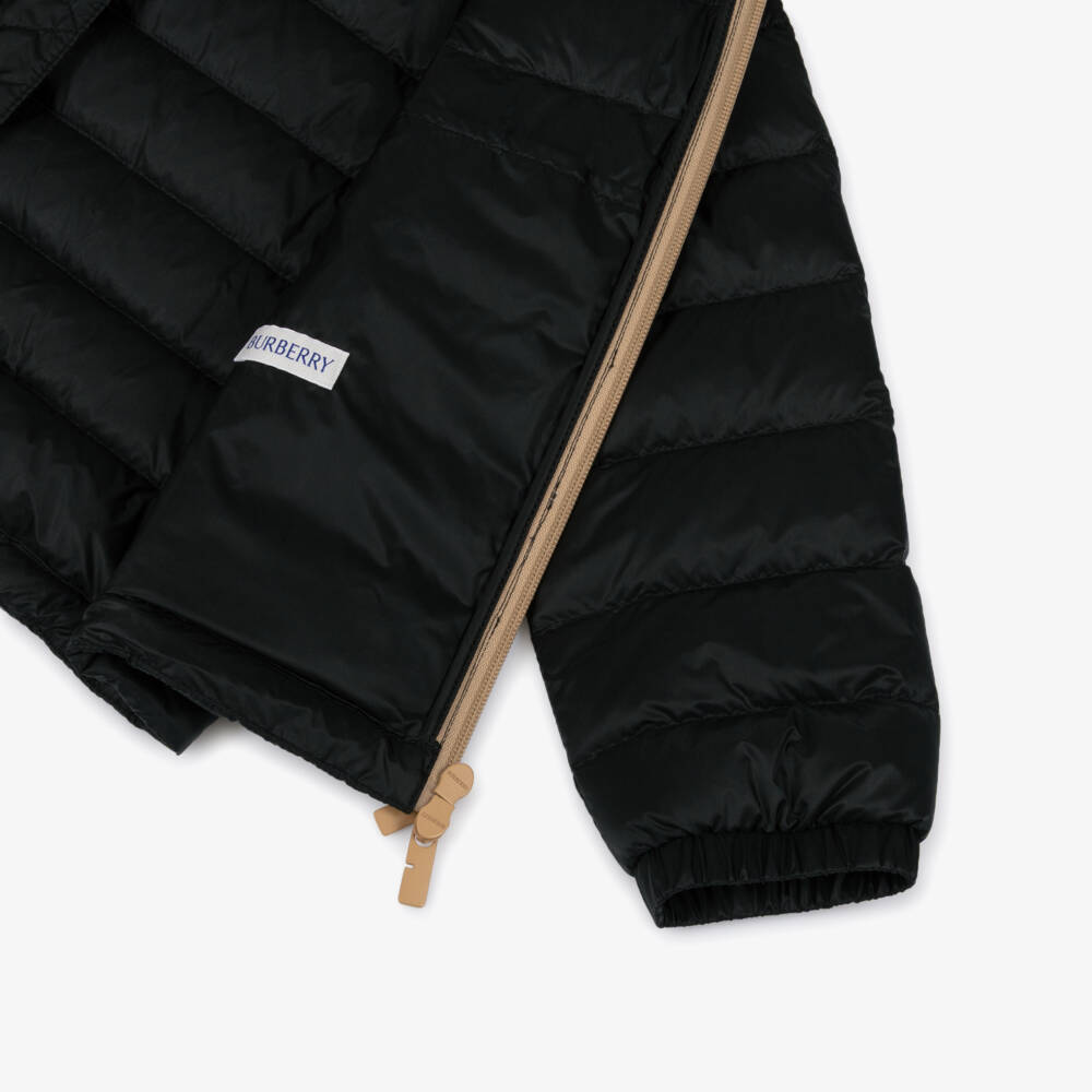 Burberry-Boys Black Padded Puffer Jacket with Check Trims | Childrensalon