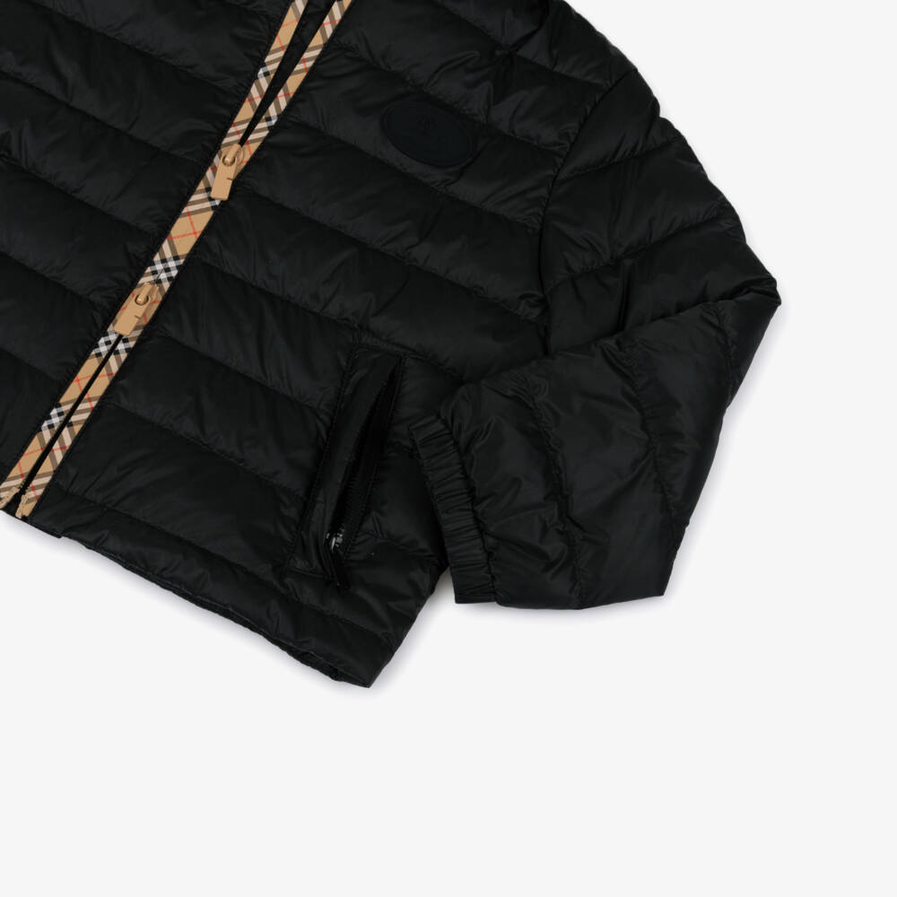 Burberry-Boys Black Padded Puffer Jacket with Check Trims | Childrensalon