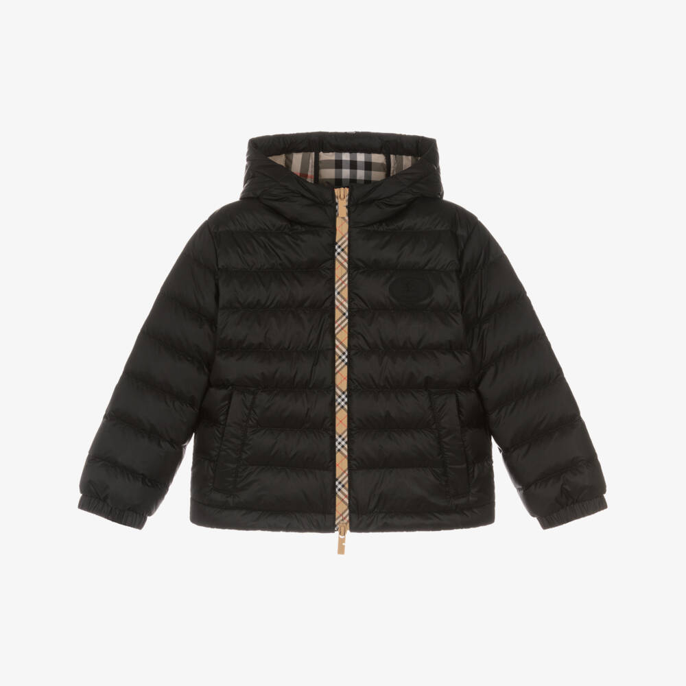 Burberry-Boys Black Padded Puffer Jacket with Check Trims | Childrensalon
