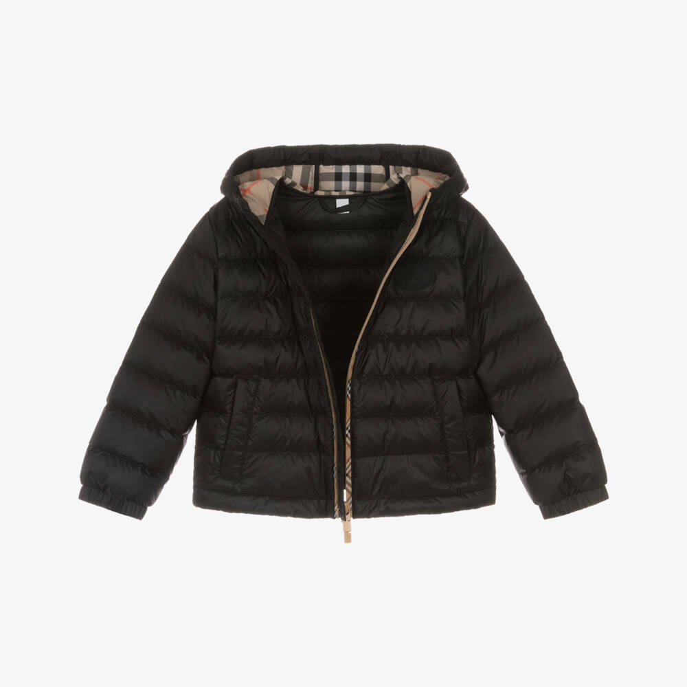 Burberry-Boys Black Padded Puffer Jacket with Check Trims | Childrensalon