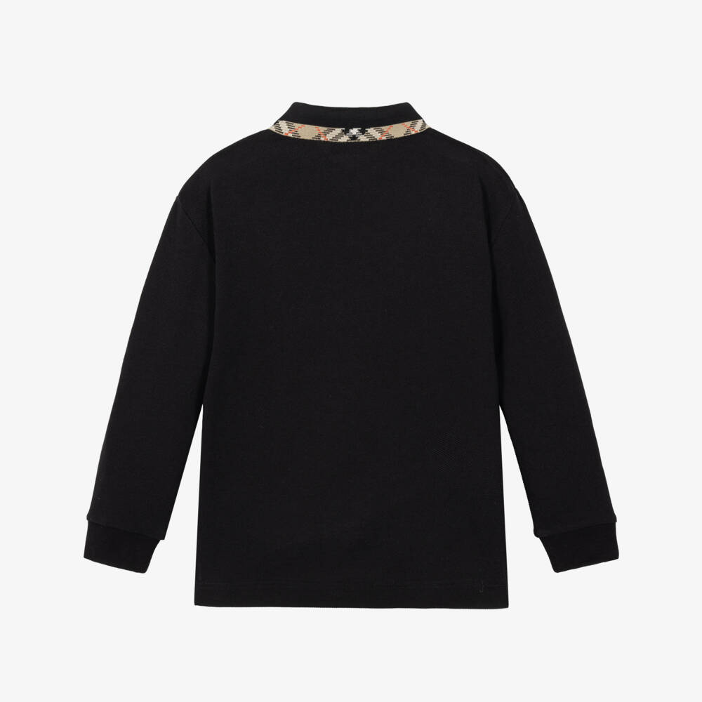 Burberry-Boys Black Piqué Long Sleeve Polo Shirt with Check Collar | Childrensalon