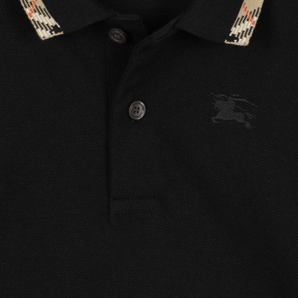 Burberry-Boys Black Piqué Long Sleeve Polo Shirt with Check Collar | Childrensalon