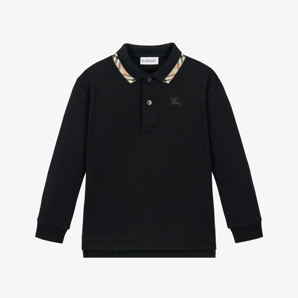 Burberry-Boys Black Piqué Long Sleeve Polo Shirt with Check Collar | Childrensalon
