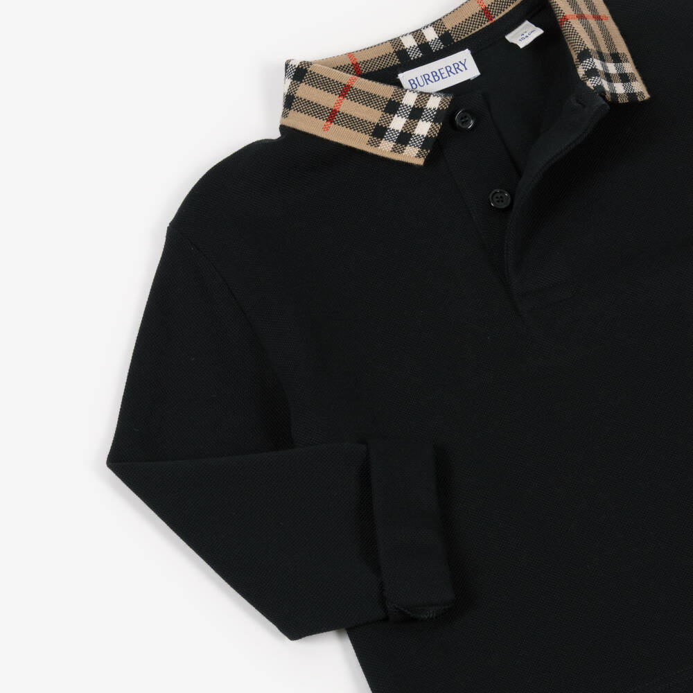 Burberry-Boys Black Polo Shirt with Burberry Check Collar | Childrensalon