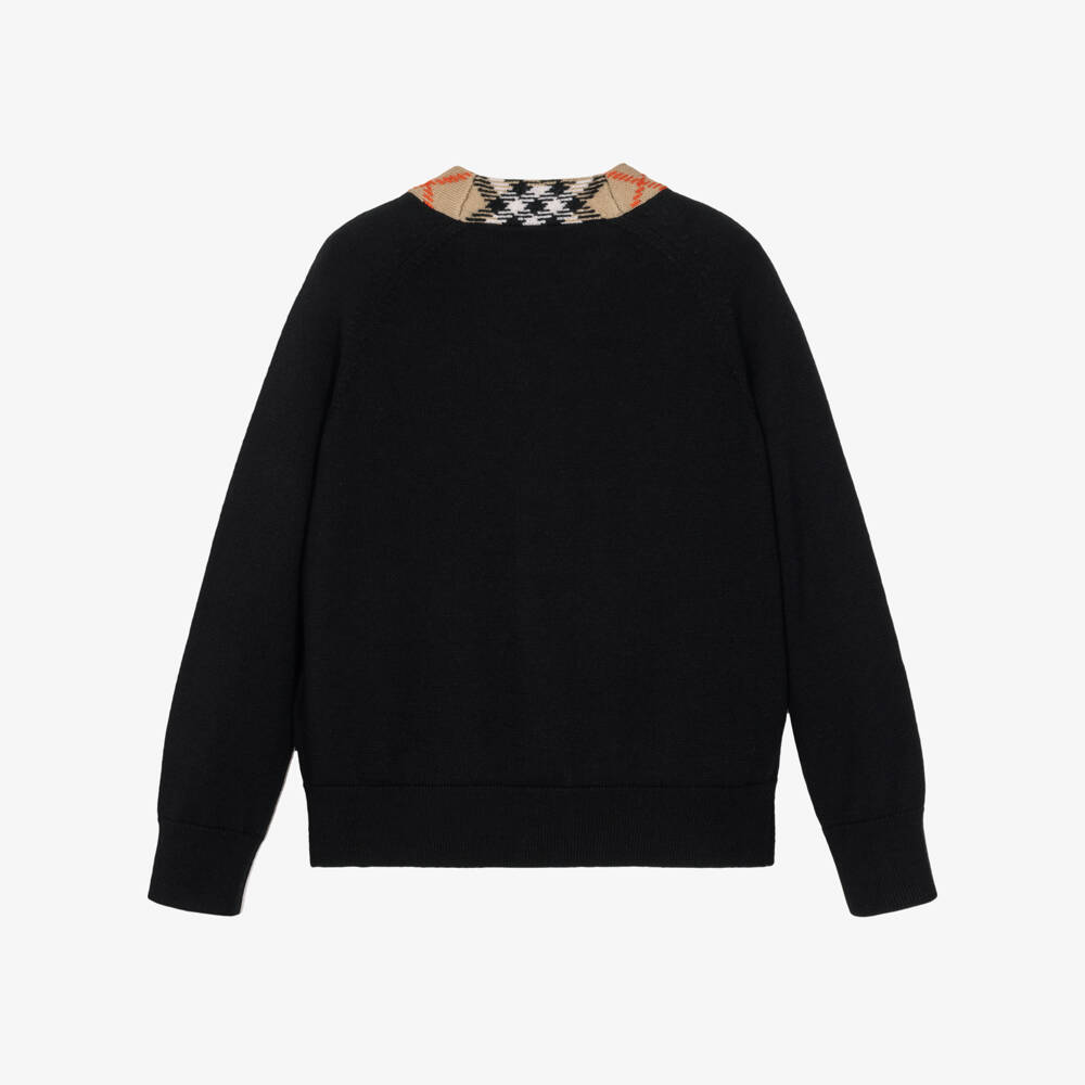 Burberry-Boys Black Wool Cardigan with Burberry Check | Childrensalon