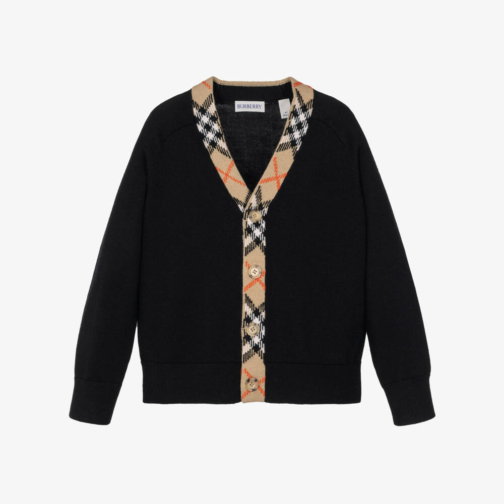 Burberry-Boys Black Wool Cardigan with Burberry Check | Childrensalon