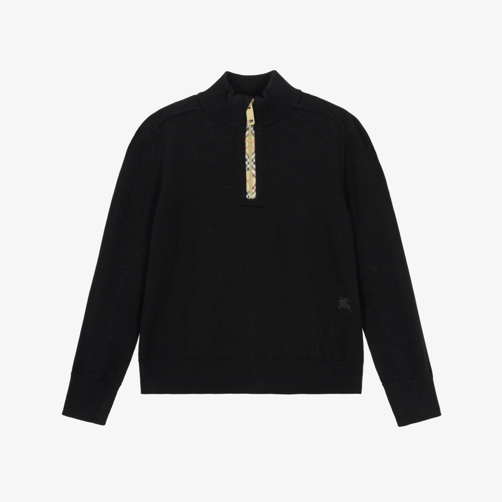 Burberry-Boys Black Wool Sweater with Burberry Check | Childrensalon