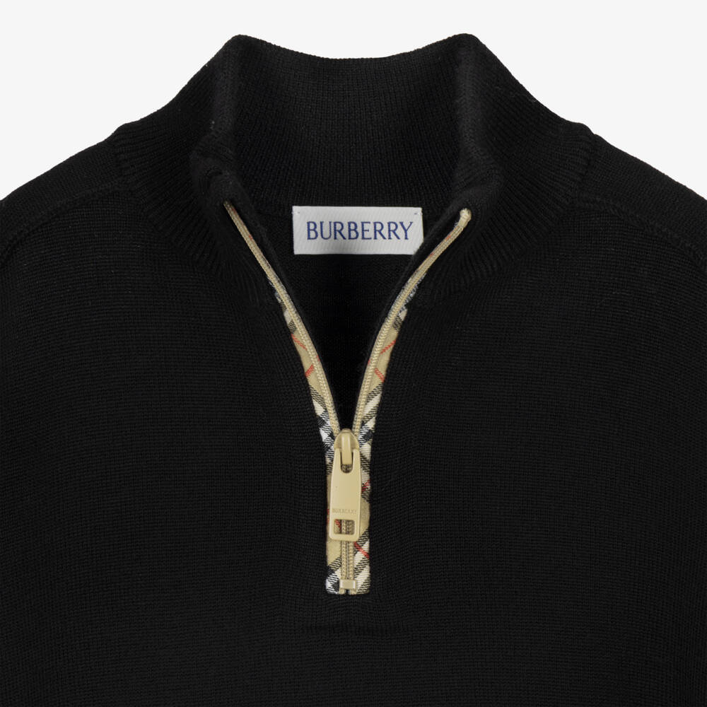 Burberry-Boys Black Wool Sweater with Burberry Check | Childrensalon