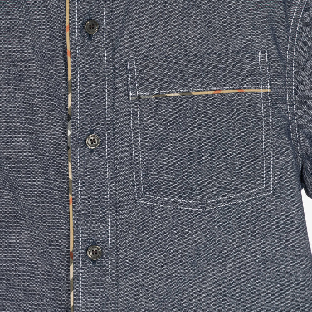 Burberry-Boys Blue Chambray Shirt with Burberry Check | Childrensalon