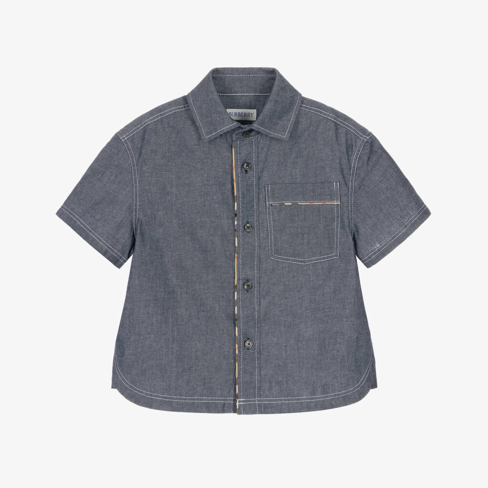Burberry-Boys Blue Chambray Shirt with Burberry Check | Childrensalon