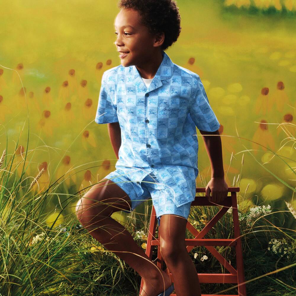 Burberry-Boys Blue Cotton EKD Checkerboard Shorts | Childrensalon