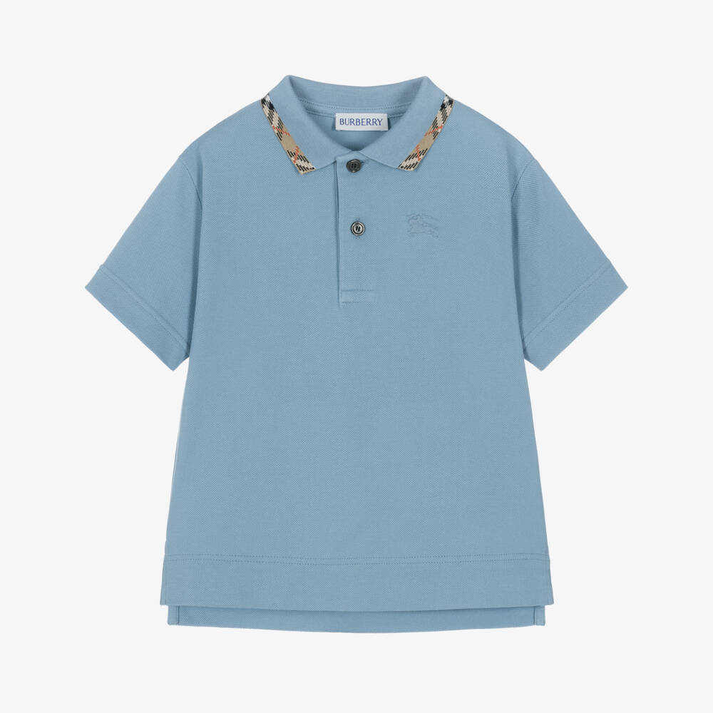 Burberry-Boys Blue Cotton Polo Shirt with Check Collar | Childrensalon