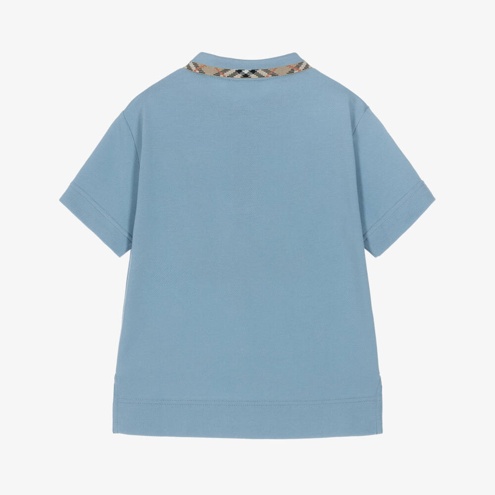 Burberry-Boys Blue Cotton Polo Shirt with Check Collar | Childrensalon