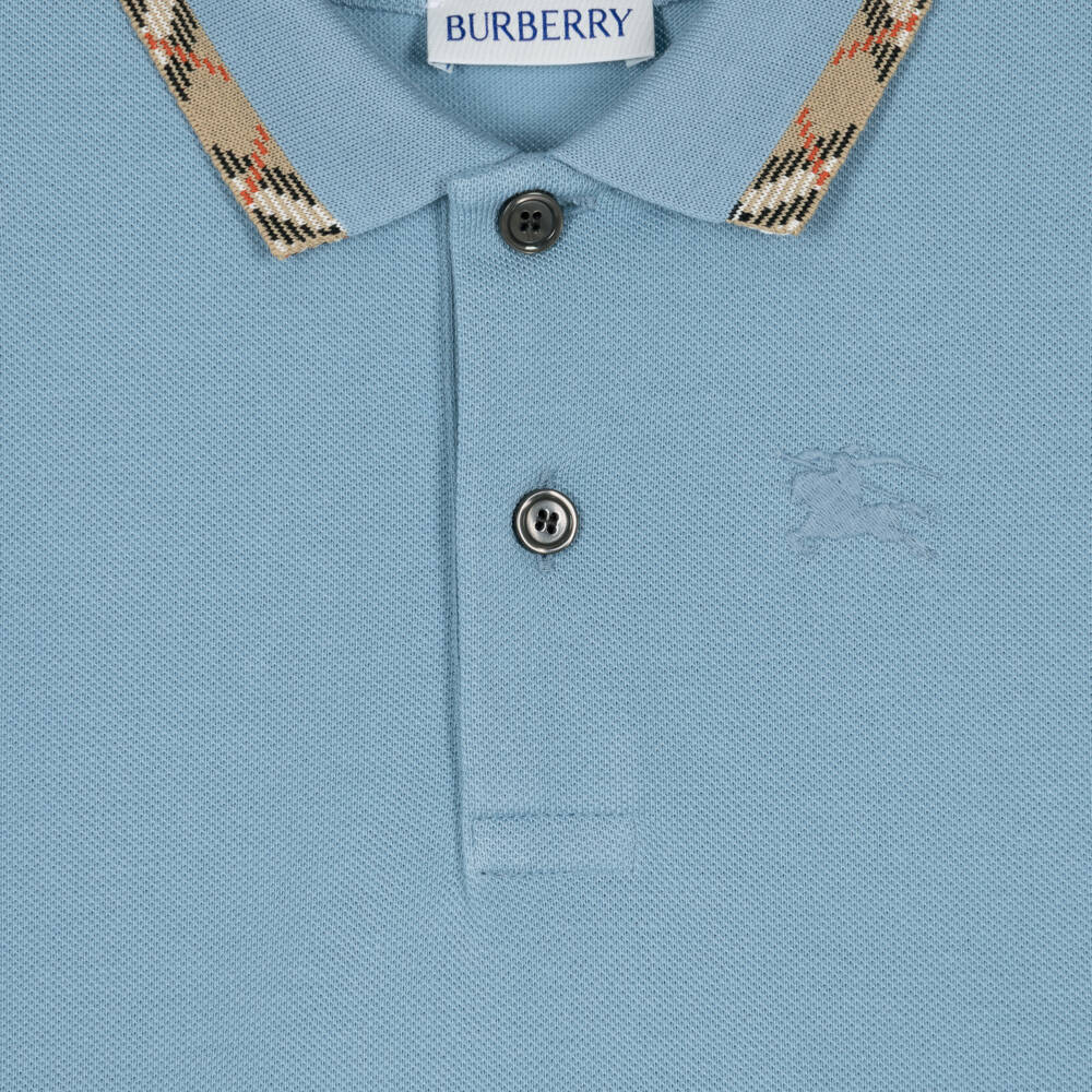 Burberry-Boys Blue Cotton Polo Shirt with Check Collar | Childrensalon