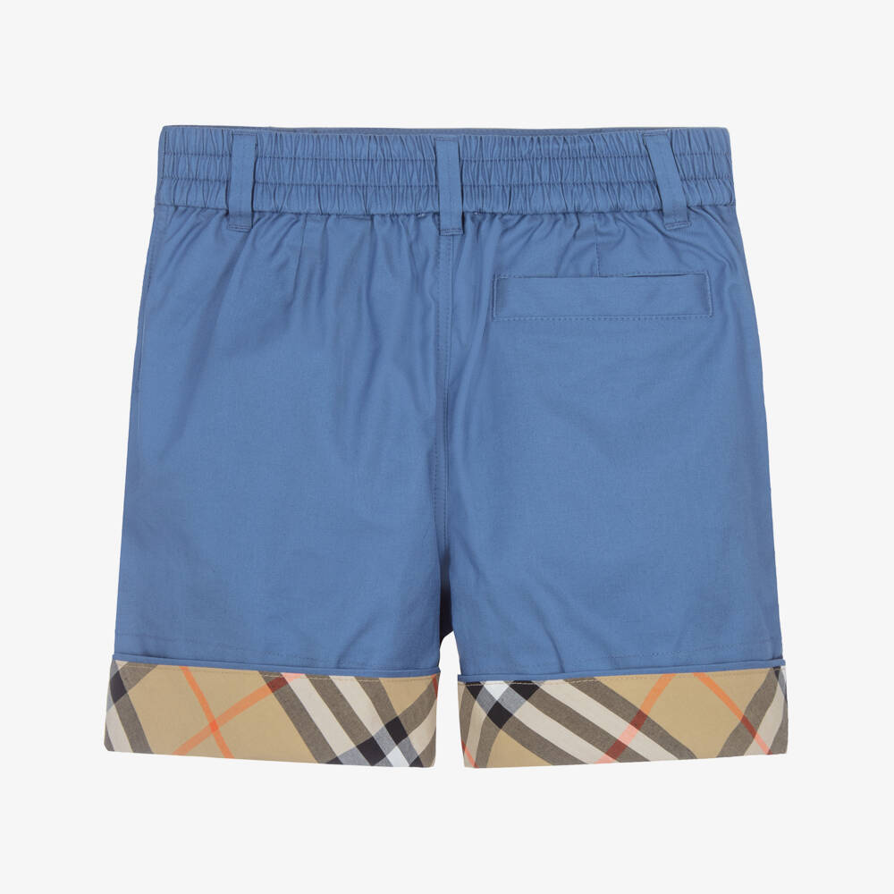 Burberry-Шорты голубые хлопковые с бежевыми отворотами в клетку для мальчиков | Childrensalon