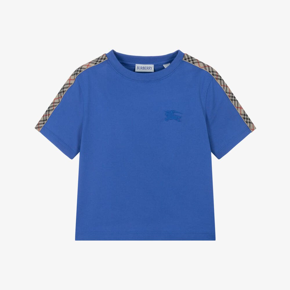 Burberry-Boys Blue Cotton T-Shirt with Beige Check Trim | Childrensalon