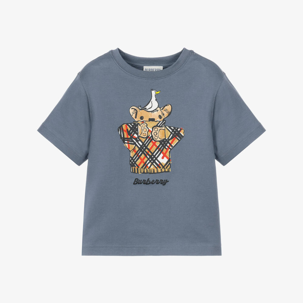 Burberry-Boys Blue Cotton T-Shirt with Thomas Bear Print | Childrensalon