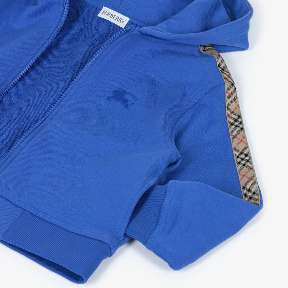 Burberry-Boys Blue Cotton Zip-Up Hoodie with Beige Check Trim | Childrensalon