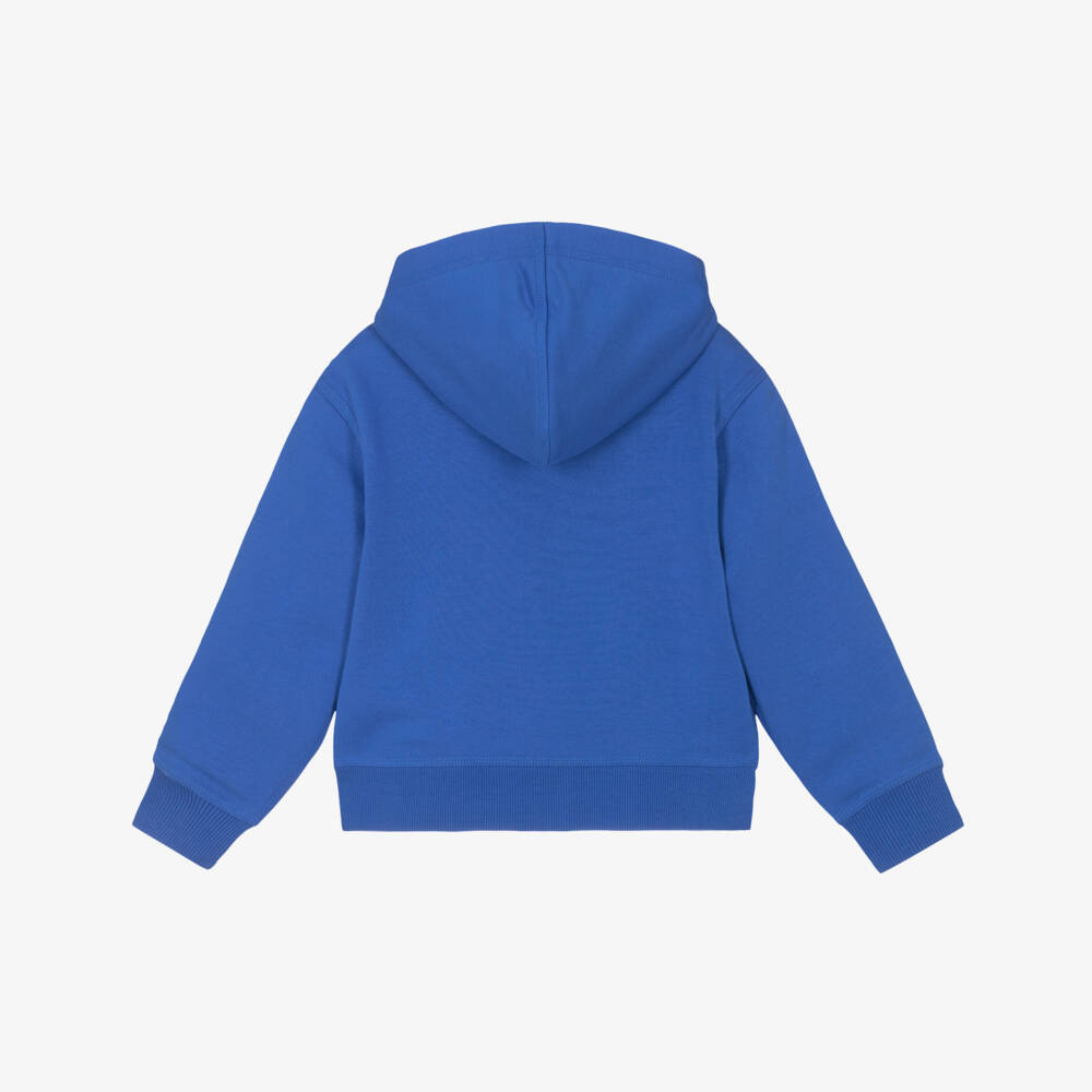 Burberry-Boys Blue Cotton Zip-Up Hoodie with Beige Check Trim | Childrensalon