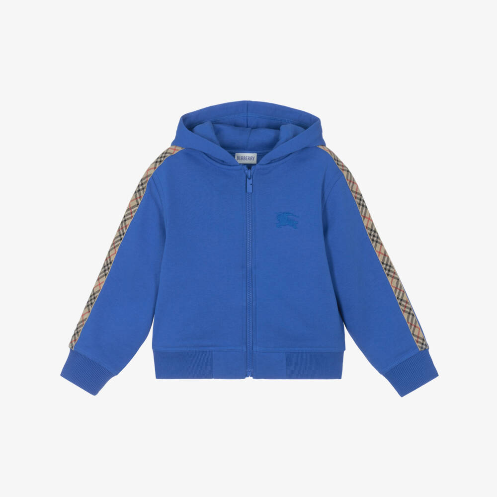 Burberry-Boys Blue Cotton Zip-Up Hoodie with Beige Check Trim | Childrensalon