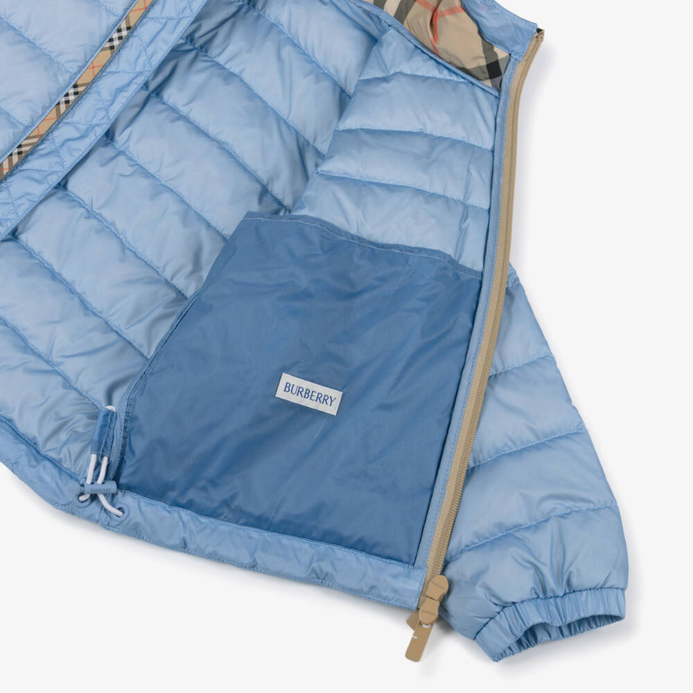 Burberry-Boys Blue Down Padded Puffer Jacket with Beige Check Trims | Childrensalon