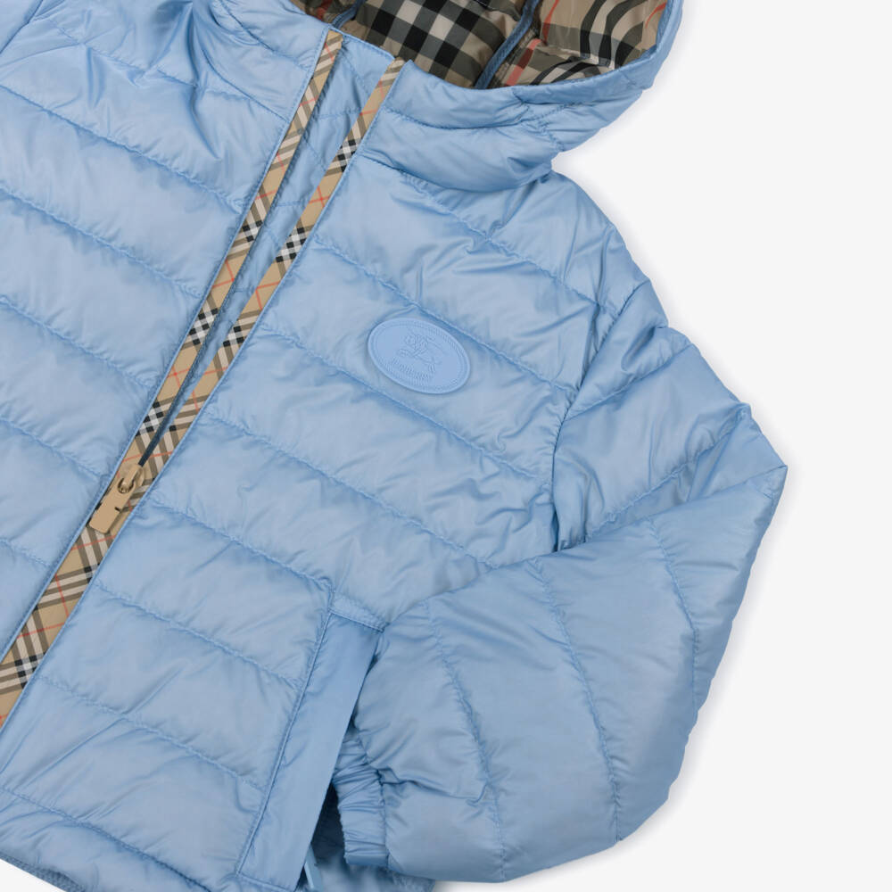 Burberry-Boys Blue Down Padded Puffer Jacket with Beige Check Trims | Childrensalon