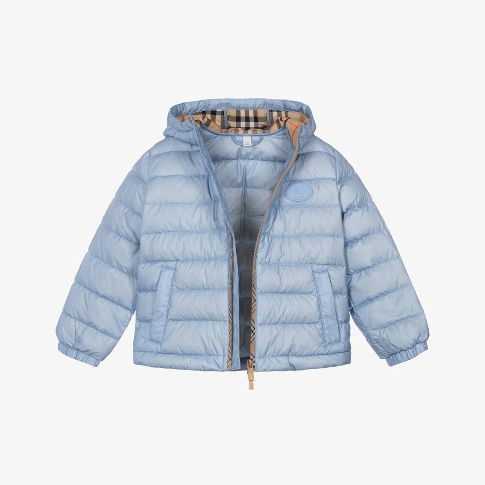 Burberry-Boys Blue Down Padded Puffer Jacket with Beige Check Trims | Childrensalon