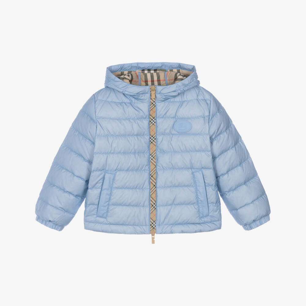 Burberry-Boys Blue Down Padded Puffer Jacket with Beige Check Trims | Childrensalon