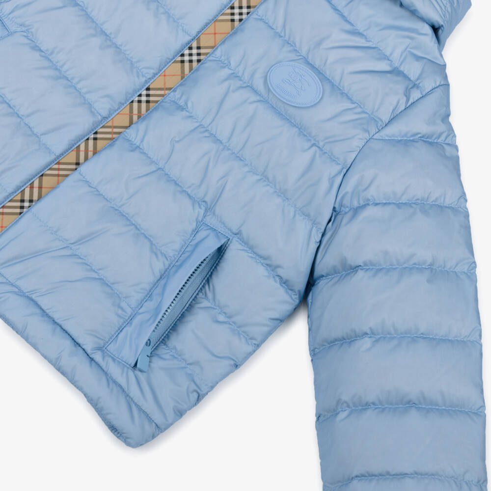 Burberry-Boys Blue Down Padded Puffer Jacket with Beige Check Trims | Childrensalon